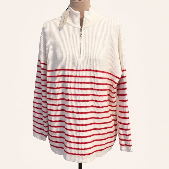 Vine & Love Sweaters - Vine & Love NWT Red White Striped Half Zip Sweater M